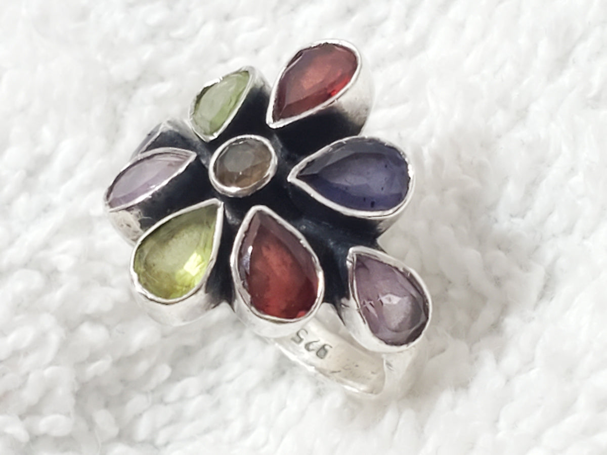 Vintage 925 Sterling Silver Multi Gemstone Flower Cluster Cocktail Ring Size 6
