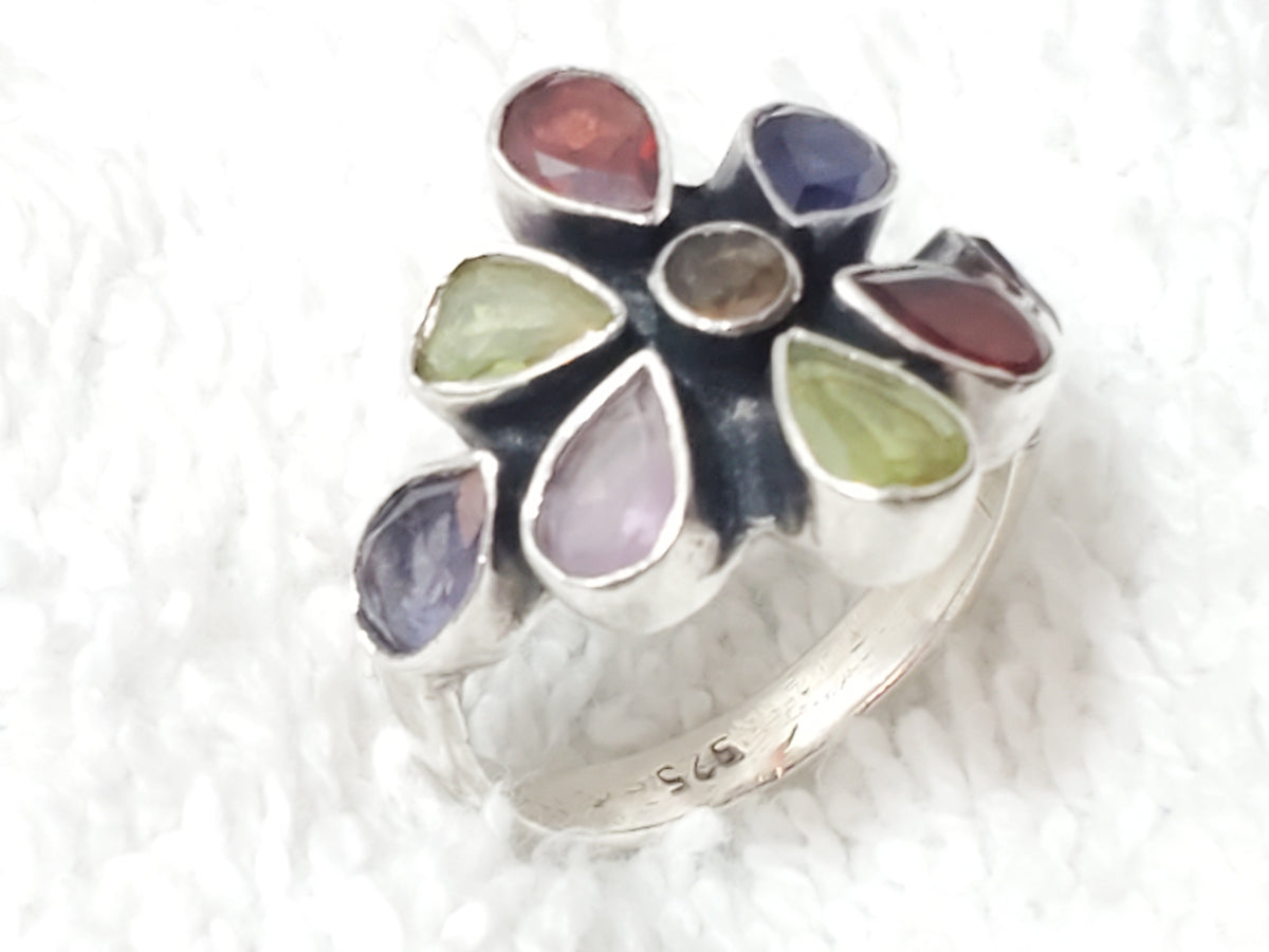 Vintage 925 Sterling Silver Multi Gemstone Flower Cluster Cocktail Ring Size 6