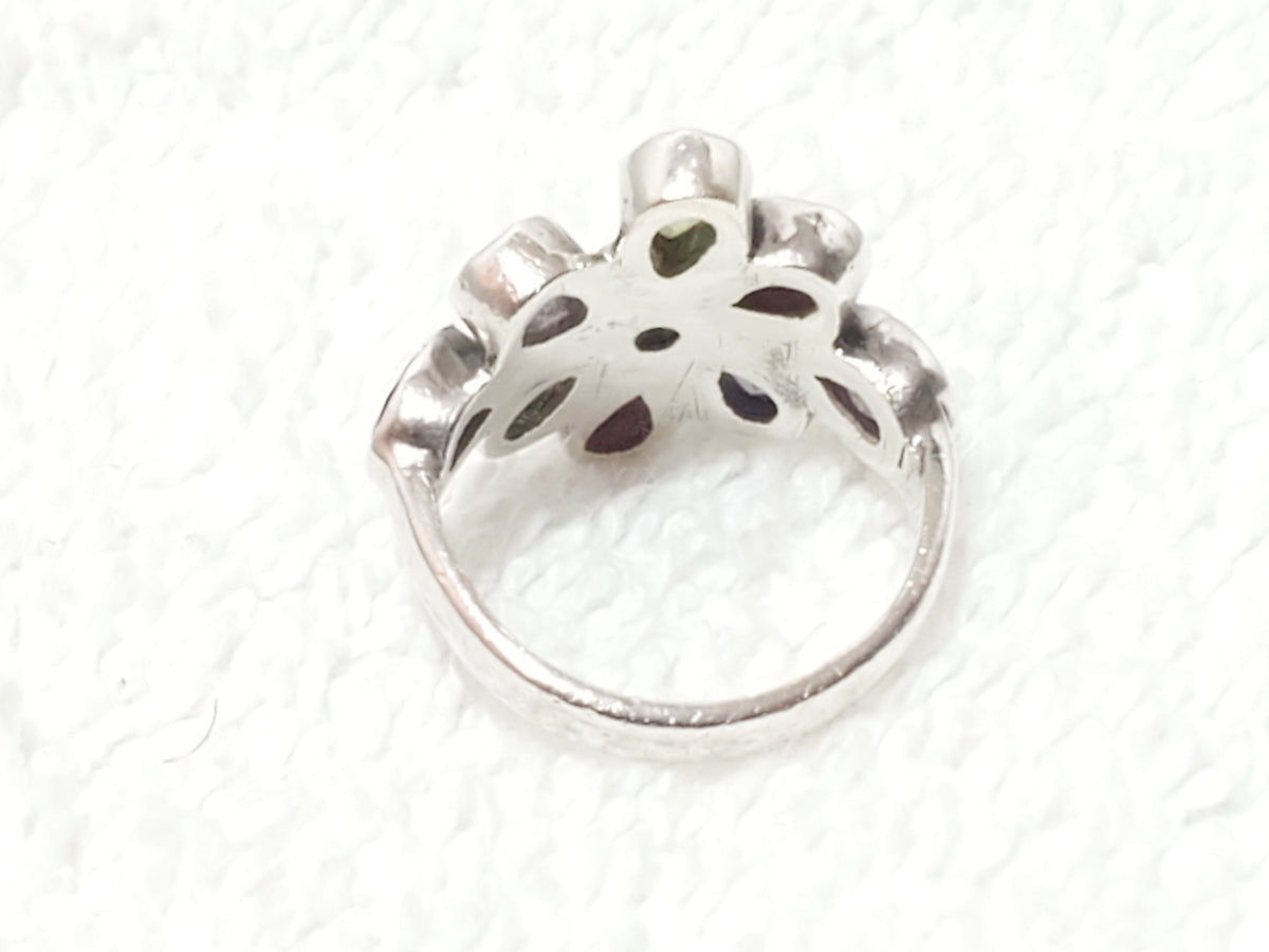 Vintage 925 Sterling Silver Multi Gemstone Flower Cluster Cocktail Ring Size 6