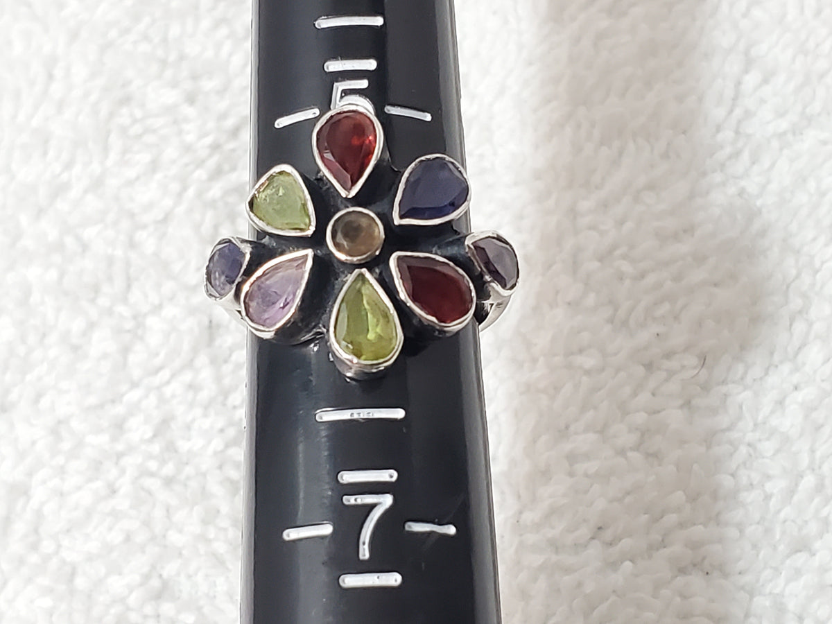 Vintage 925 Sterling Silver Multi Gemstone Flower Cluster Cocktail Ring Size 6