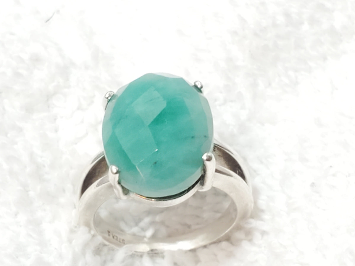 Vintage Sterling Silver Faceted Green Gemstone Solitaire Ring Split Shank Size 6