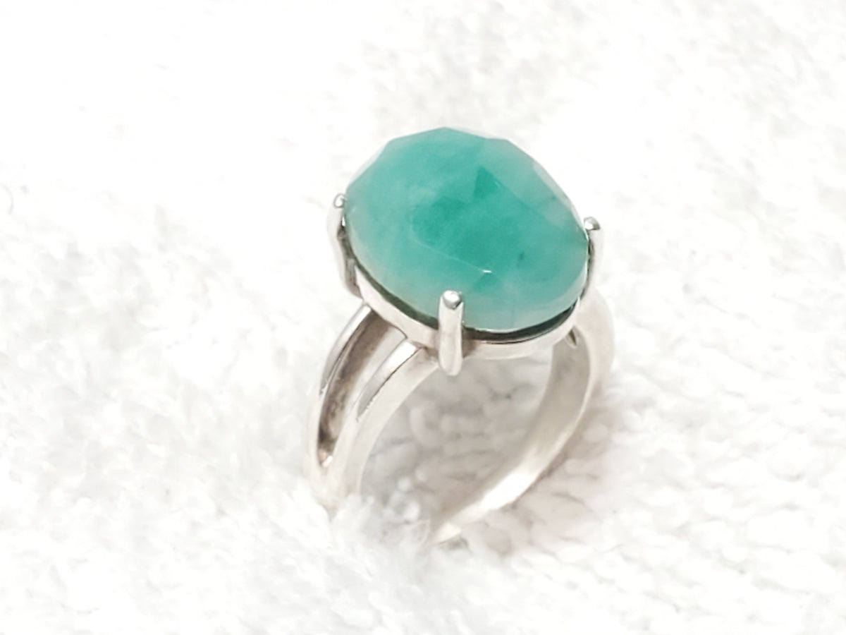 Vintage Sterling Silver Faceted Green Gemstone Solitaire Ring Split Shank Size 6