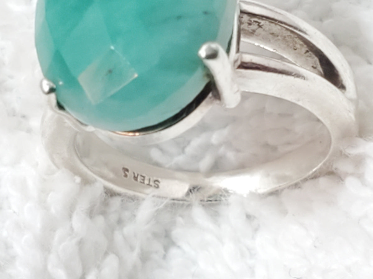 Vintage Sterling Silver Faceted Green Gemstone Solitaire Ring Split Shank Size 6