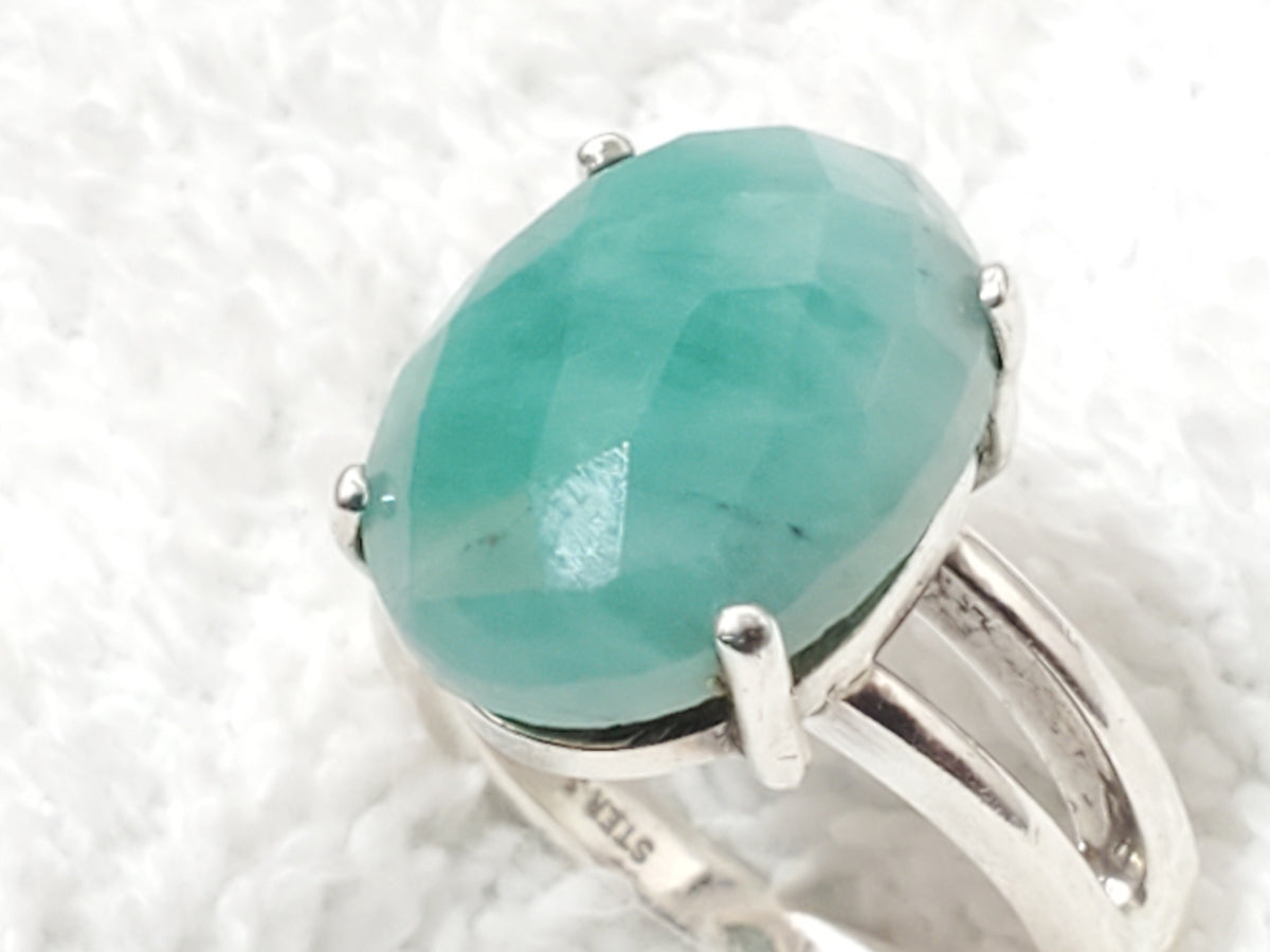 Vintage Sterling Silver Faceted Green Gemstone Solitaire Ring Split Shank Size 6