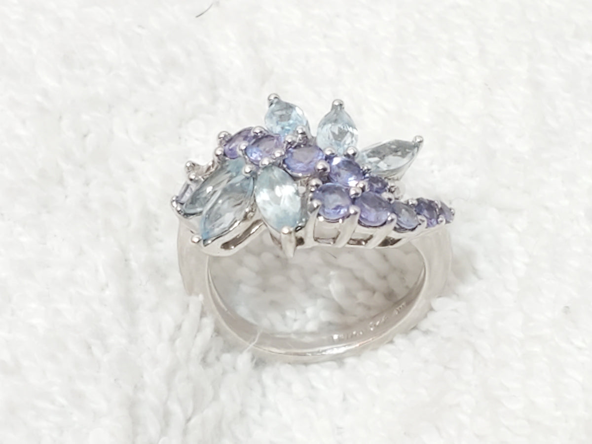 Vintage 925 Sterling Silver Aquamarine & Tanzanite Cluster Bypass Ring Size 6