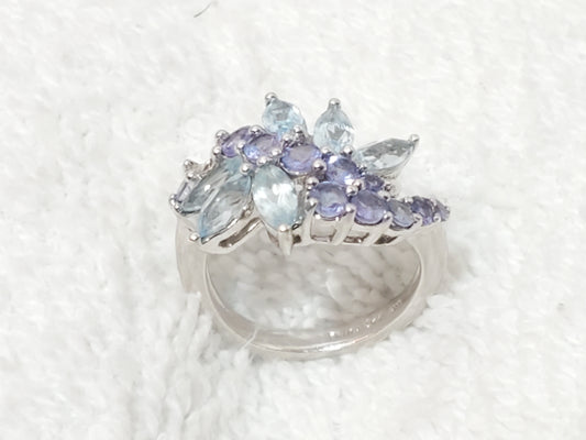Vintage 925 Sterling Silver Aquamarine & Tanzanite Cluster Bypass Ring Size 6