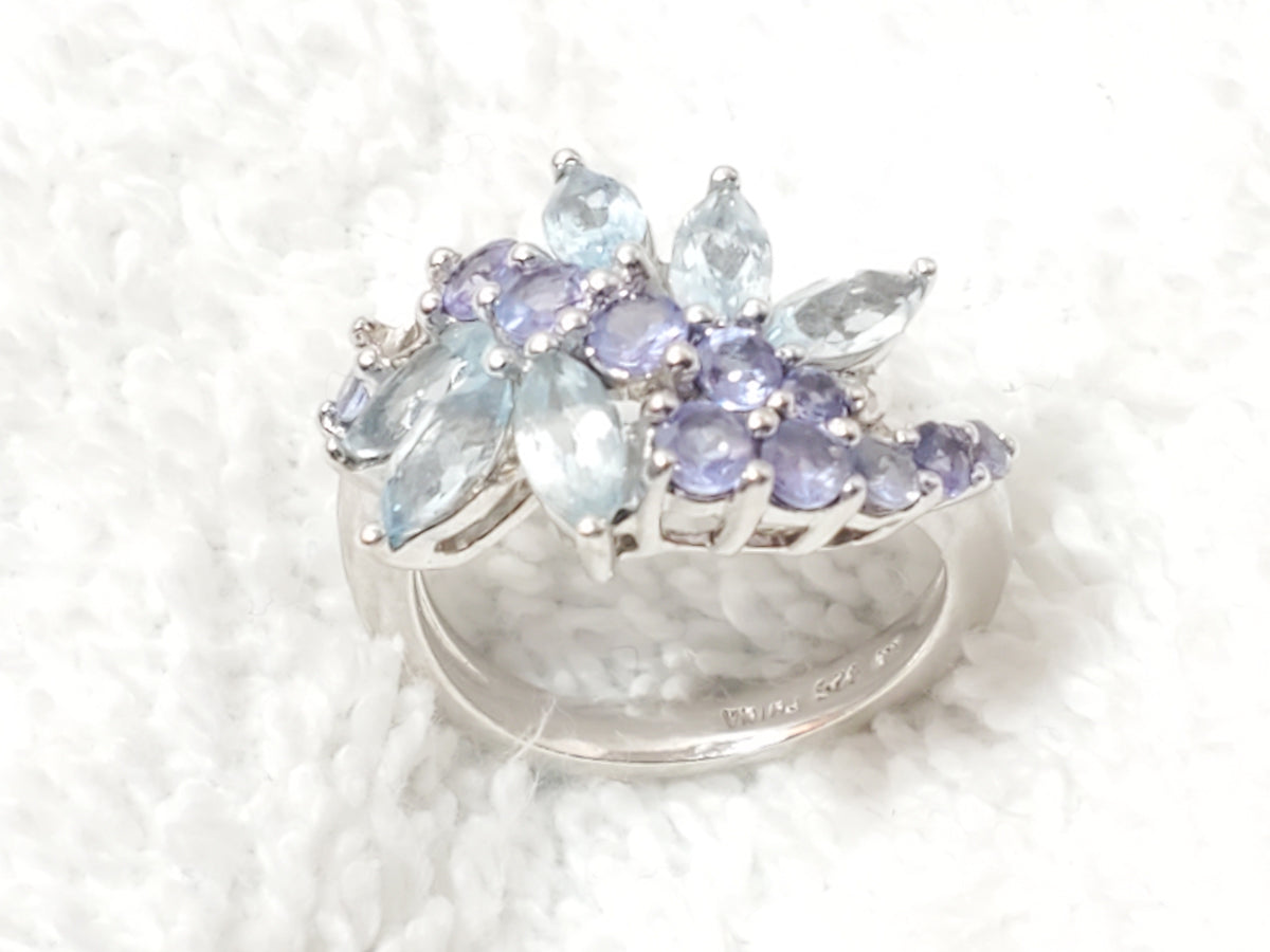 Vintage 925 Sterling Silver Aquamarine & Tanzanite Cluster Bypass Ring Size 6