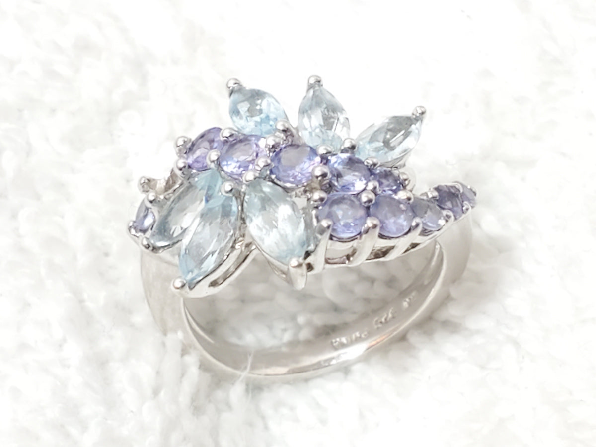 Vintage 925 Sterling Silver Aquamarine & Tanzanite Cluster Bypass Ring Size 6