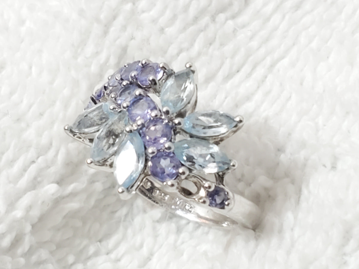 Vintage 925 Sterling Silver Aquamarine & Tanzanite Cluster Bypass Ring Size 6
