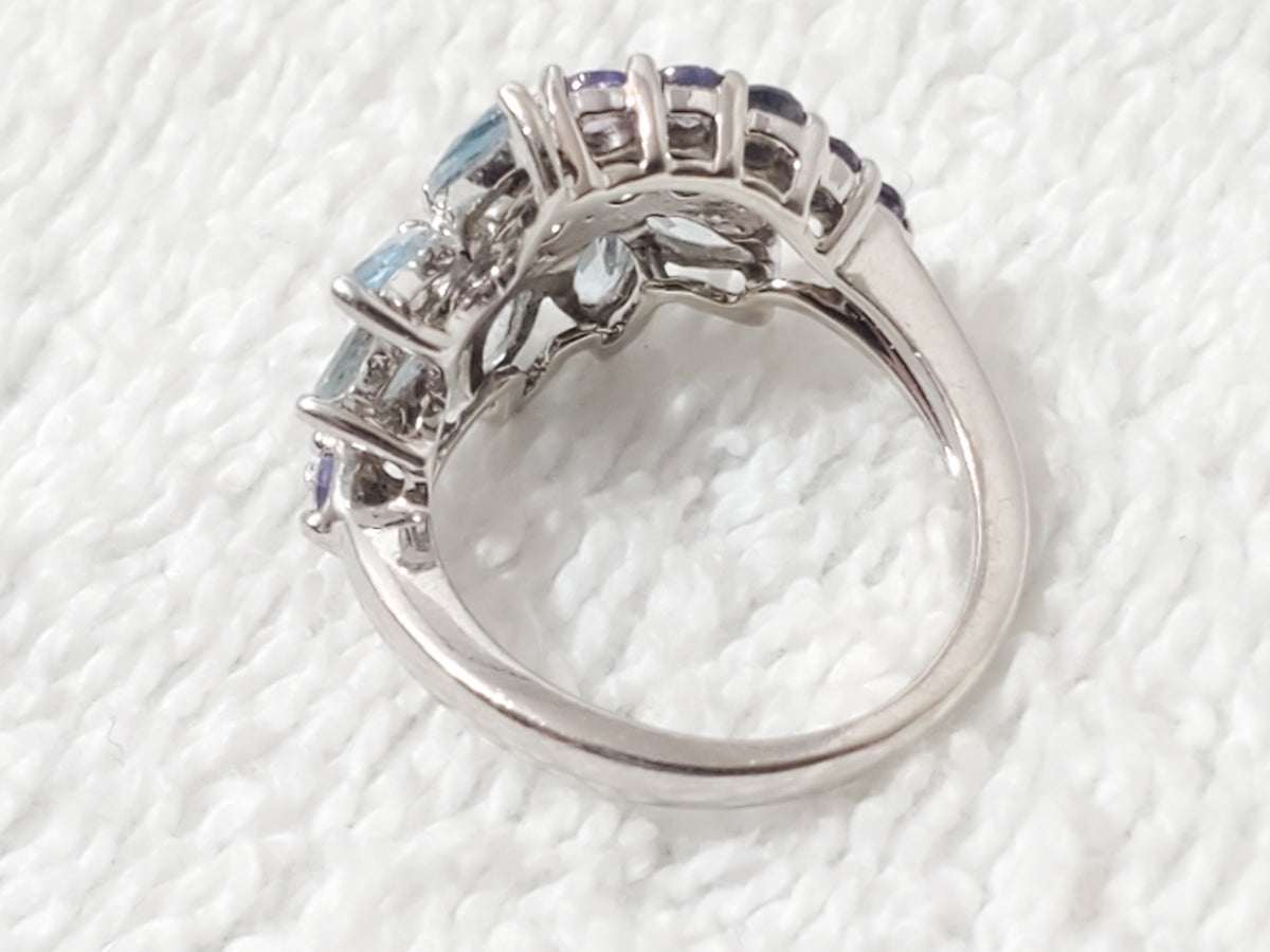 Vintage 925 Sterling Silver Aquamarine & Tanzanite Cluster Bypass Ring Size 6