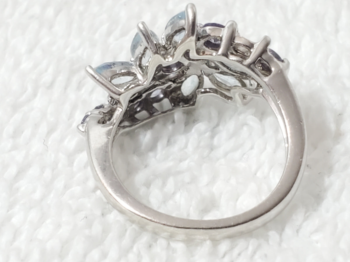 Vintage 925 Sterling Silver Aquamarine & Tanzanite Cluster Bypass Ring Size 6