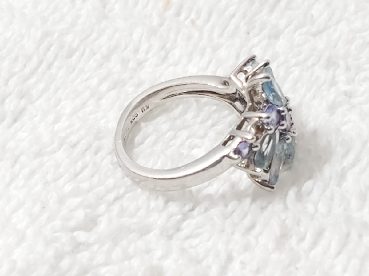Vintage 925 Sterling Silver Aquamarine & Tanzanite Cluster Bypass Ring Size 6
