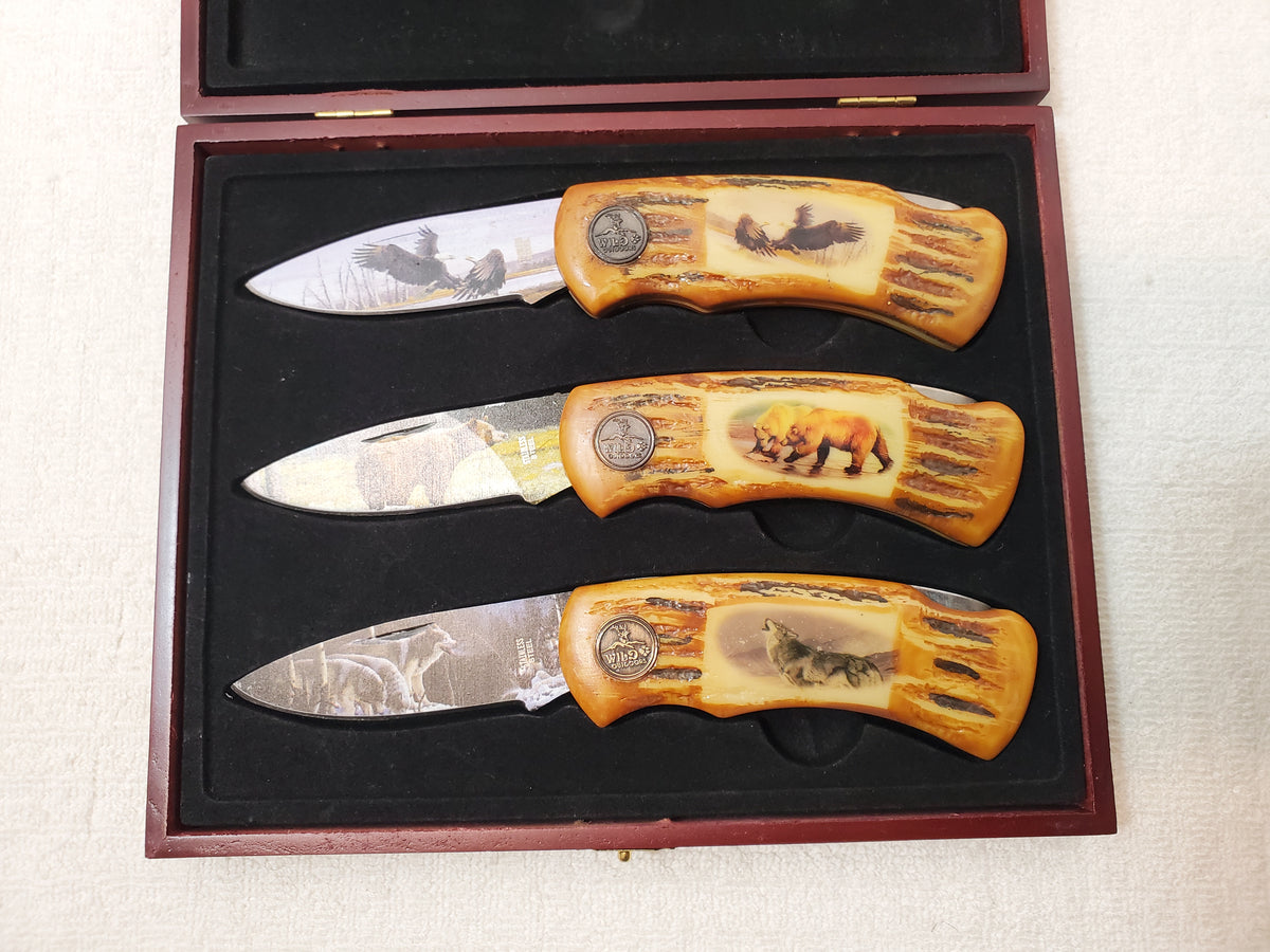 Wild Outdoors 3 Piece Lockback Folding Pocket Knife Artwork Blade Set Wooden Box