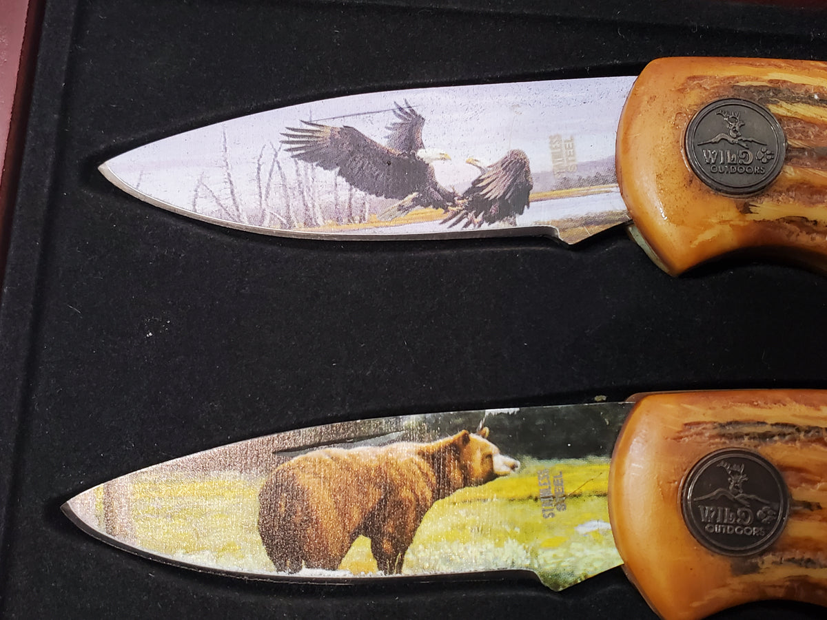 Wild Outdoors 3 Piece Lockback Folding Pocket Knife Artwork Blade Set Wooden Box