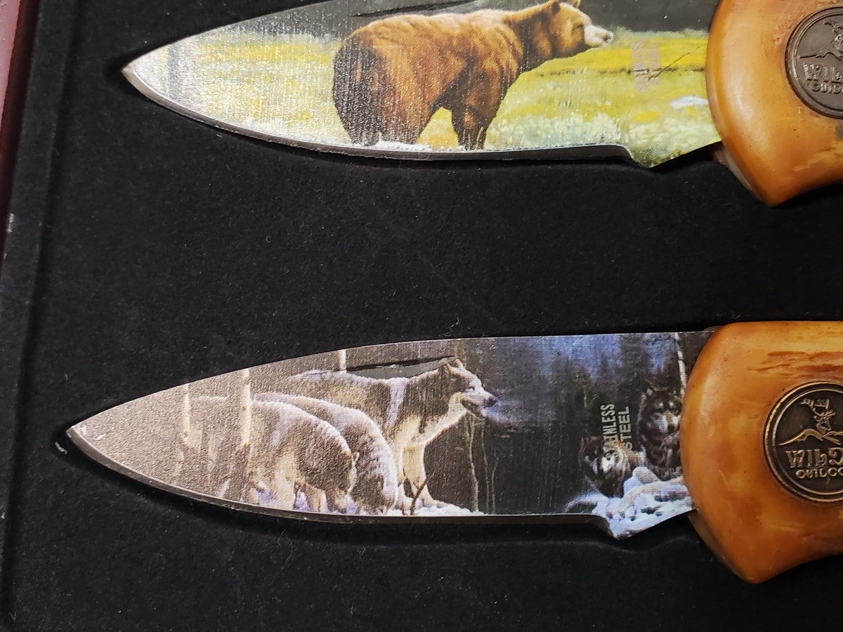 Wild Outdoors 3 Piece Lockback Folding Pocket Knife Artwork Blade Set Wooden Box