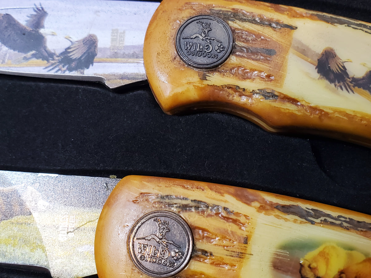 Wild Outdoors 3 Piece Lockback Folding Pocket Knife Artwork Blade Set Wooden Box