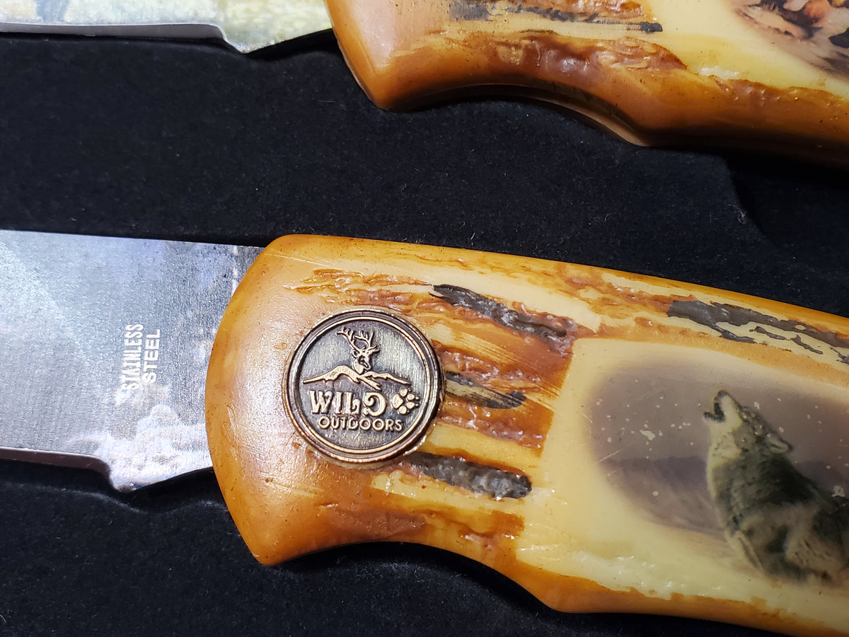 Wild Outdoors 3 Piece Lockback Folding Pocket Knife Artwork Blade Set Wooden Box