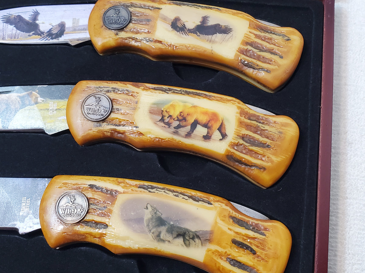 Wild Outdoors 3 Piece Lockback Folding Pocket Knife Artwork Blade Set Wooden Box