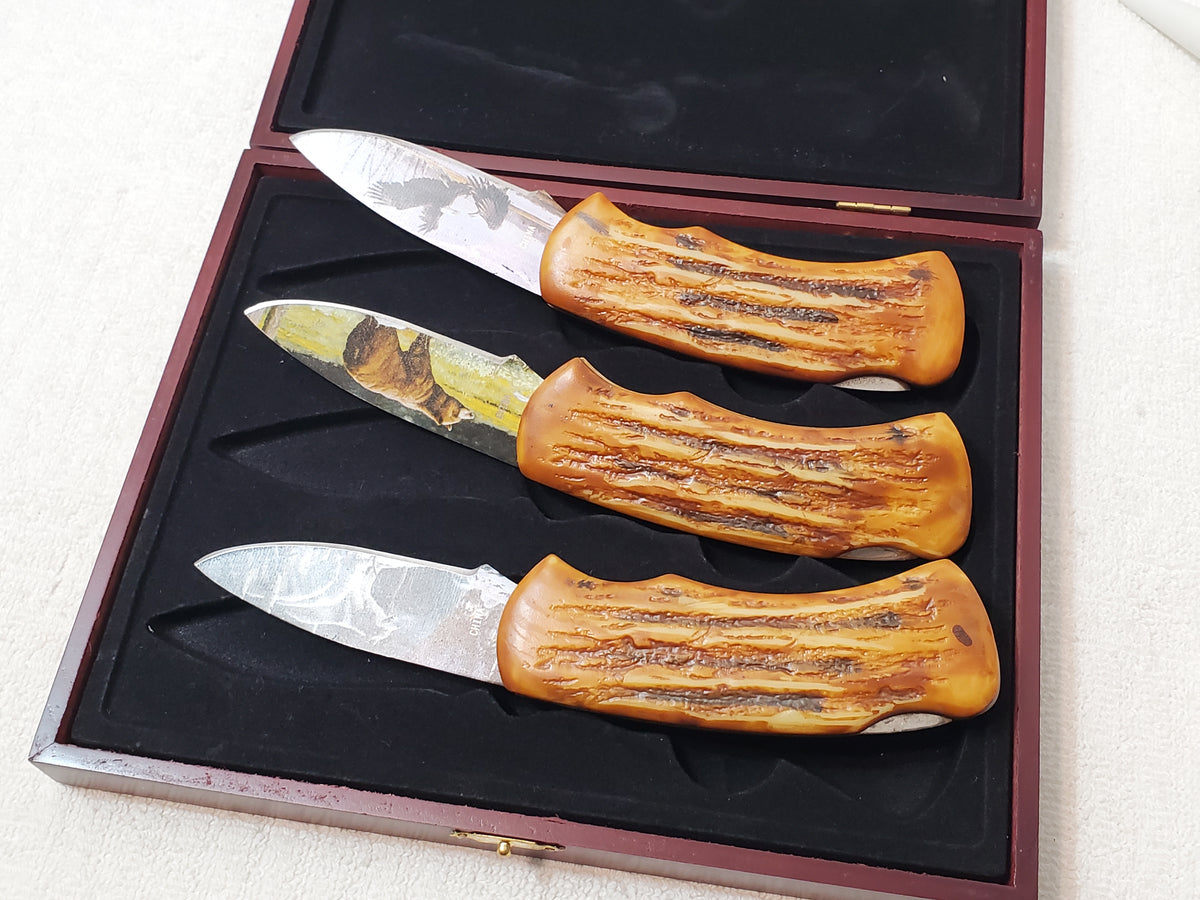 Wild Outdoors 3 Piece Lockback Folding Pocket Knife Artwork Blade Set Wooden Box
