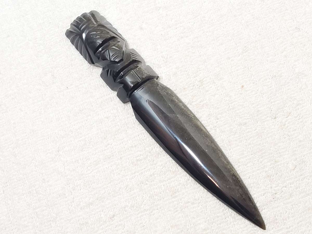 Aztec Silver Sheen Obsidian Black Stone Carved Maya Face Letter Opener Dagger