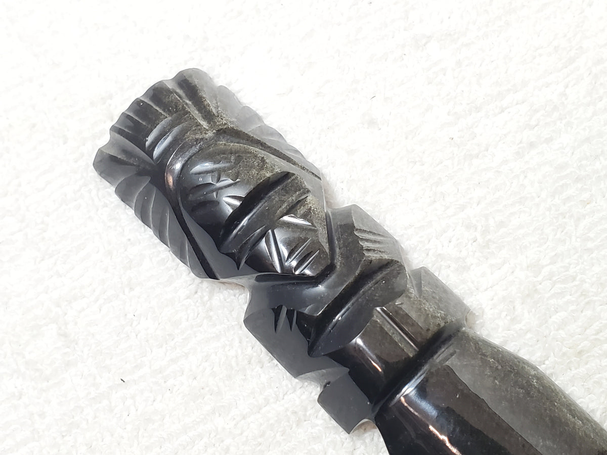 Aztec Silver Sheen Obsidian Black Stone Carved Maya Face Letter Opener Dagger