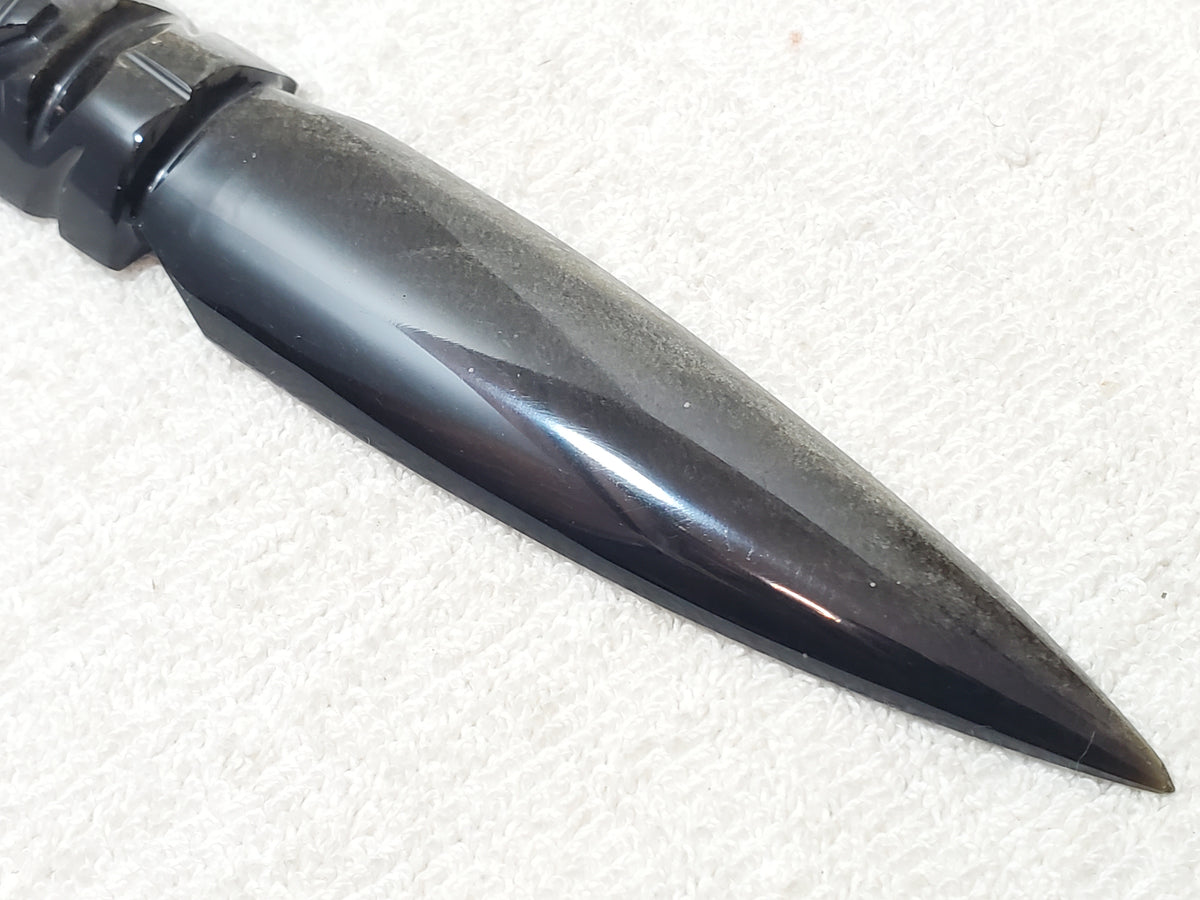Aztec Silver Sheen Obsidian Black Stone Carved Maya Face Letter Opener Dagger
