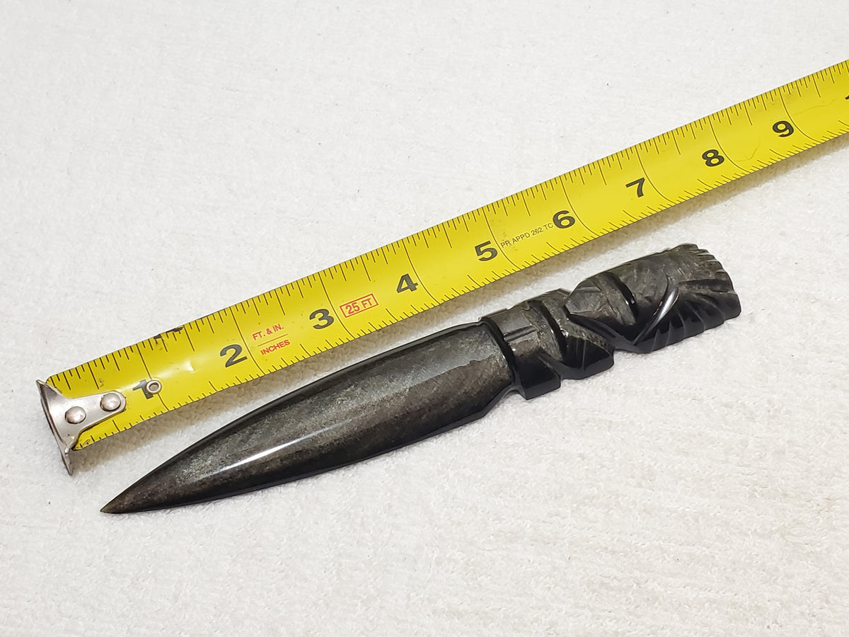 Aztec Silver Sheen Obsidian Black Stone Carved Maya Face Letter Opener Dagger