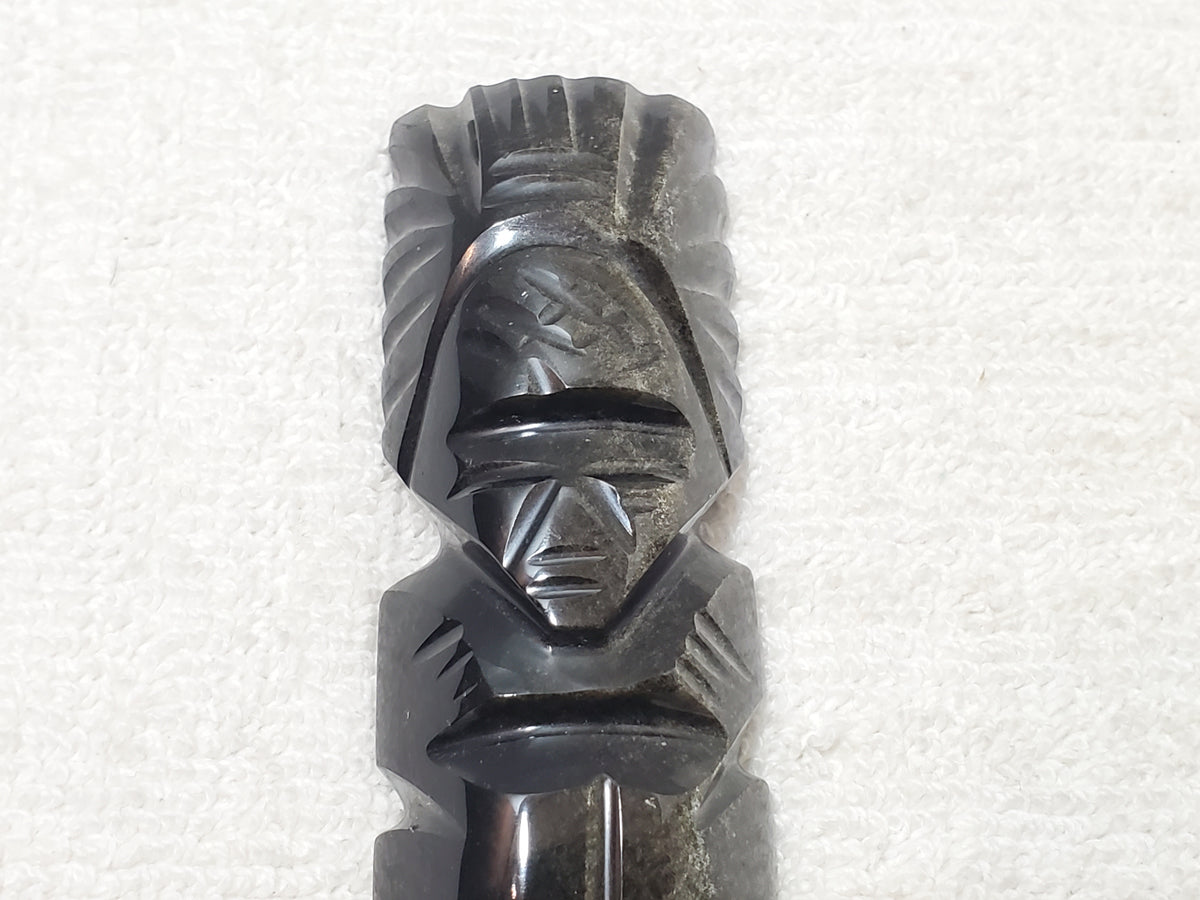 Aztec Silver Sheen Obsidian Black Stone Carved Maya Face Letter Opener Dagger