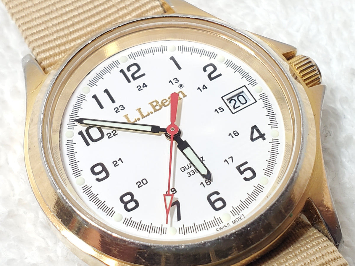 Vintage L.L. Bean Men's Quartz Date Watch White Dial Gold Tone WR 100M One Jewel