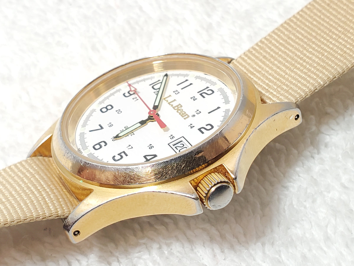 Vintage L.L. Bean Men's Quartz Date Watch White Dial Gold Tone WR 100M One Jewel