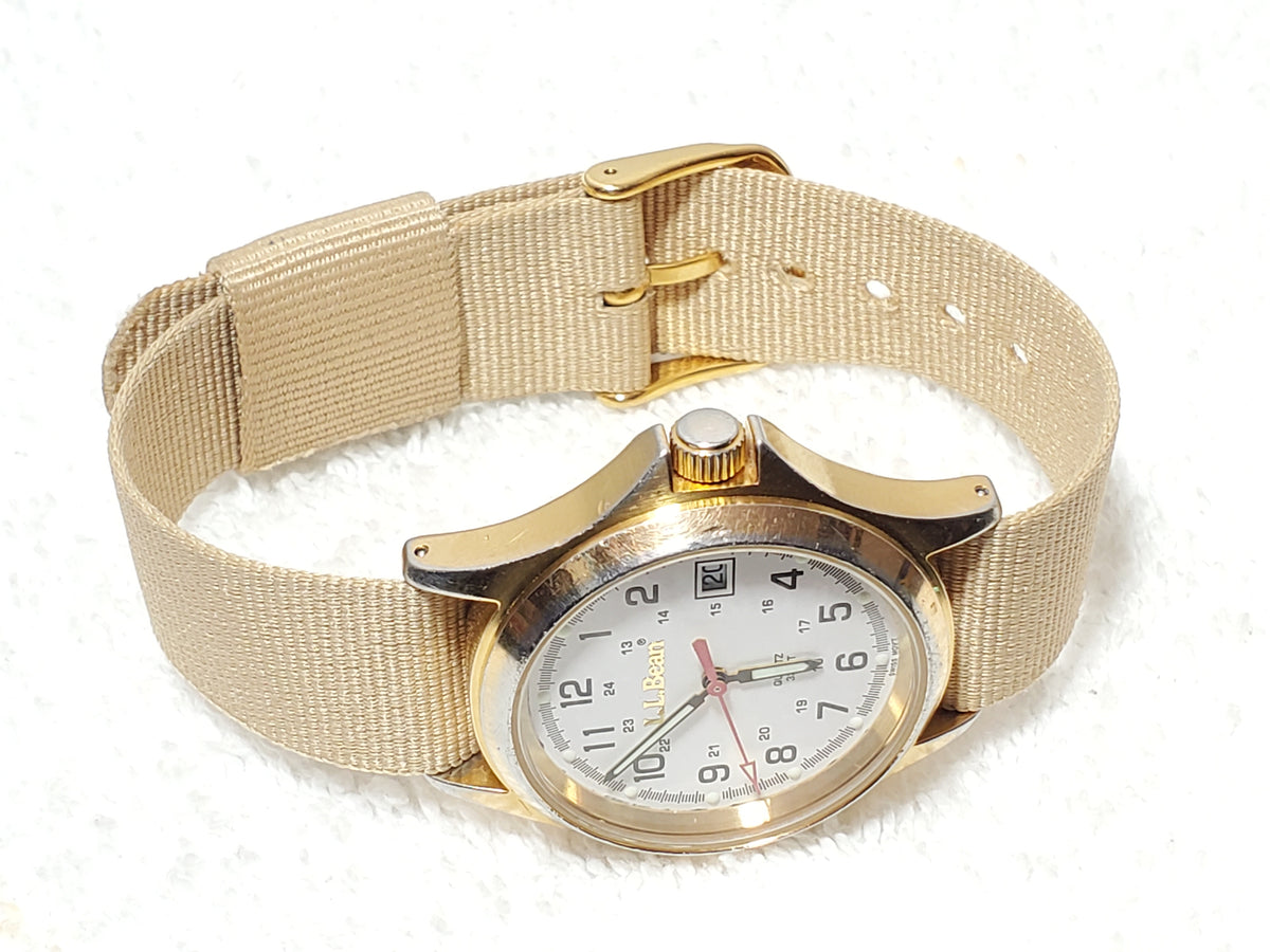 Vintage L.L. Bean Men's Quartz Date Watch White Dial Gold Tone WR 100M One Jewel