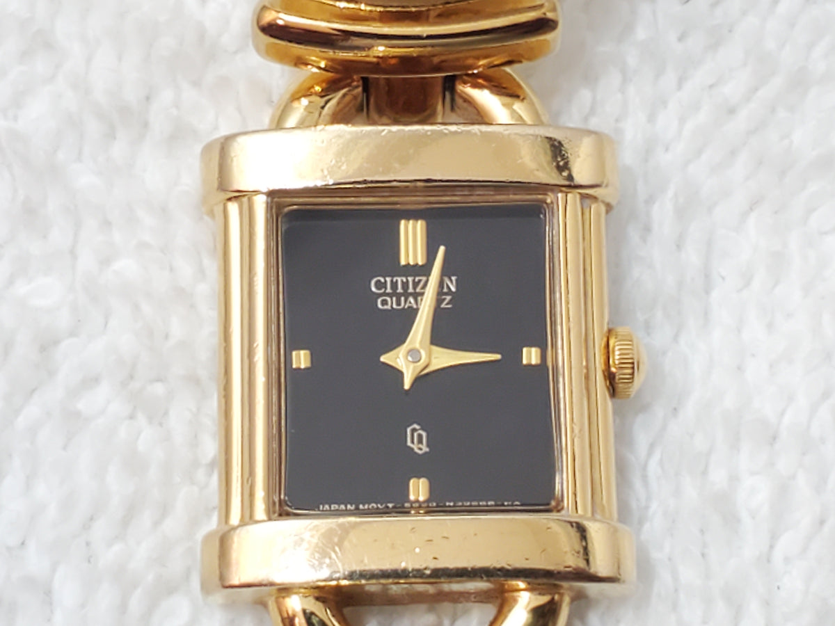 Vintage Citizen CQ Tank Black Dial Women's Gold Plated Bracelet Quartz Watch
