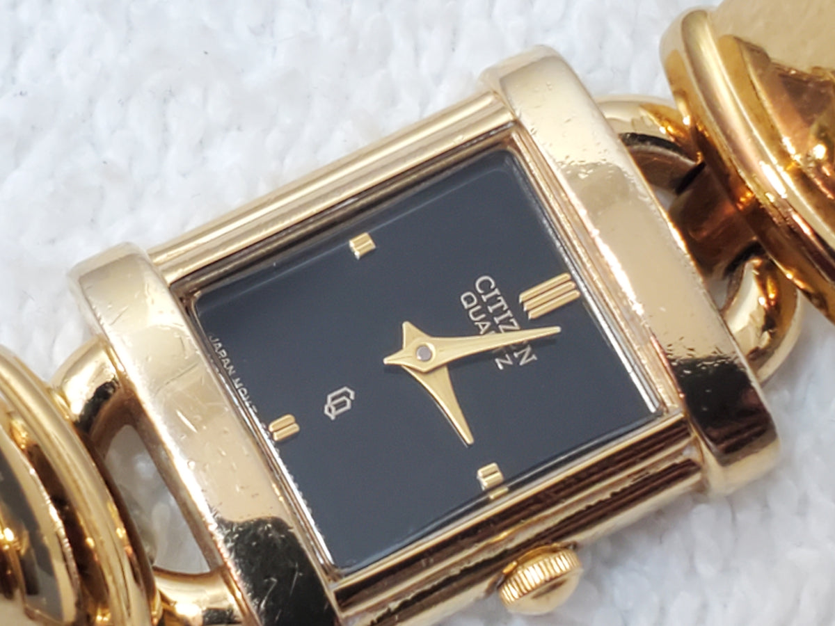 Vintage Citizen CQ Tank Black Dial Women's Gold Plated Bracelet Quartz Watch
