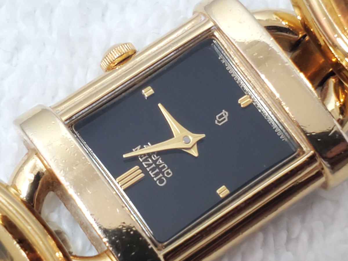 Vintage Citizen CQ Tank Black Dial Women's Gold Plated Bracelet Quartz Watch
