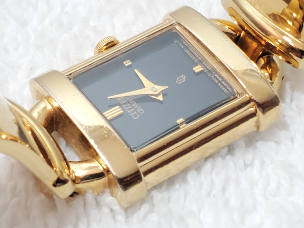 Vintage Citizen CQ Tank Black Dial Women's Gold Plated Bracelet Quartz Watch