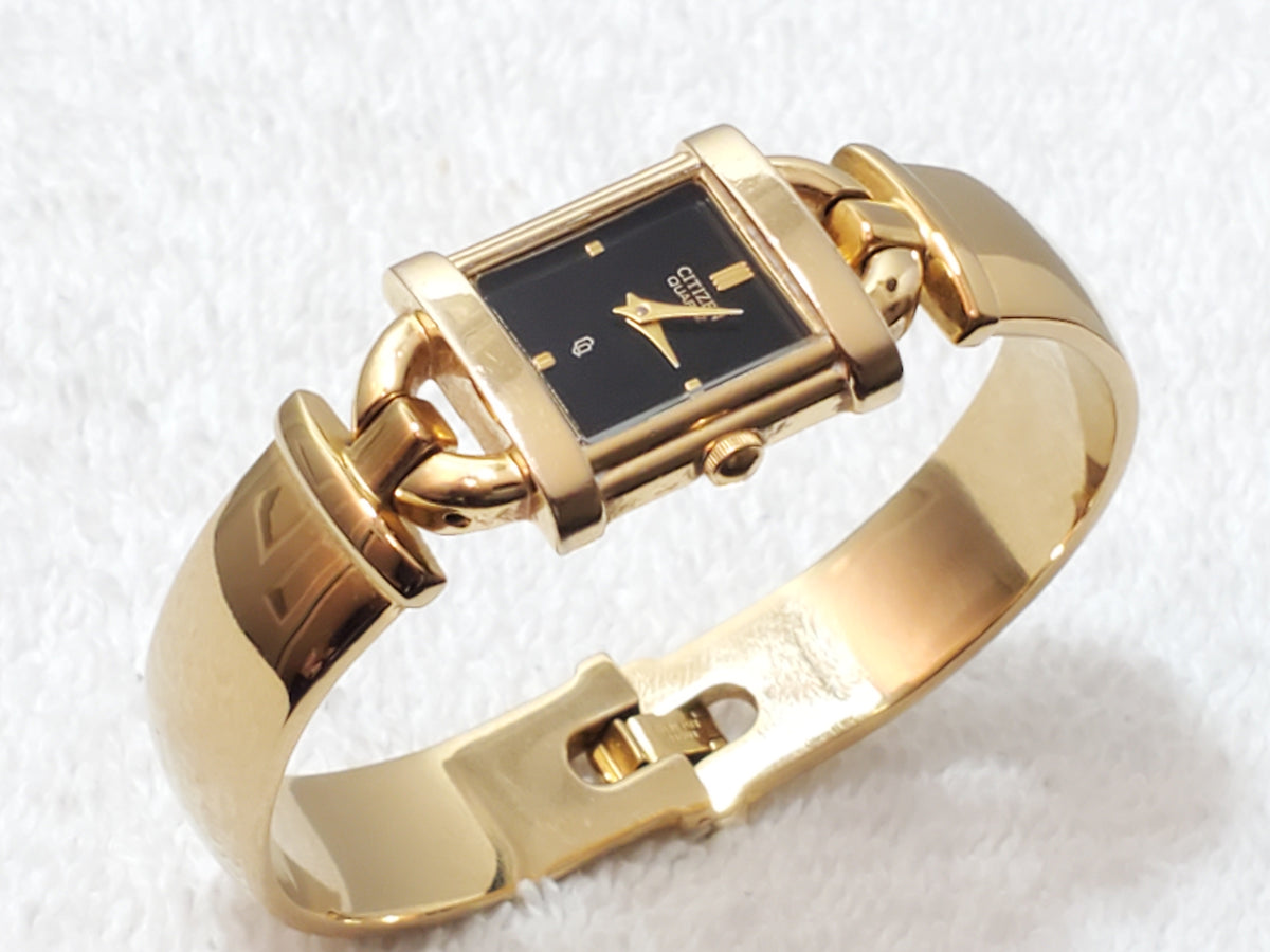 Vintage Citizen CQ Tank Black Dial Women's Gold Plated Bracelet Quartz Watch