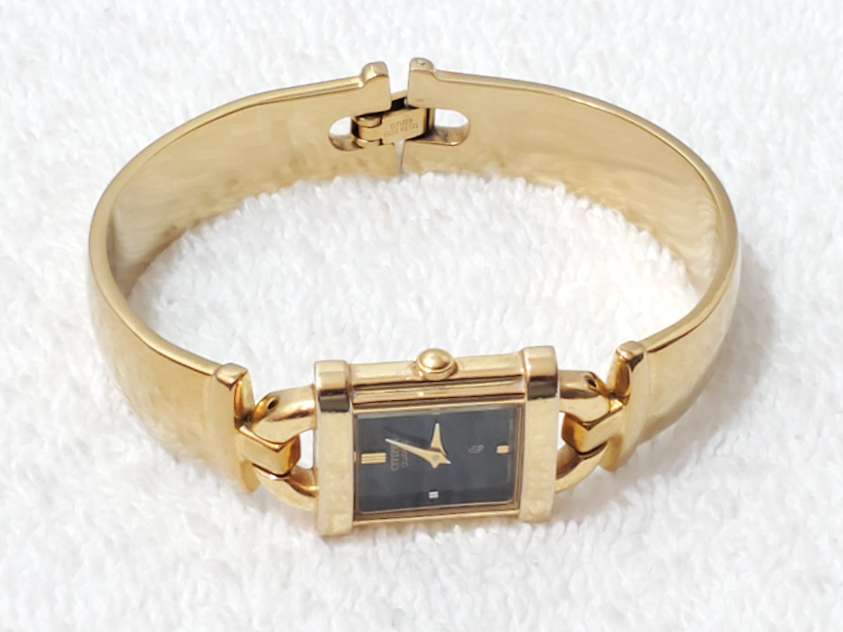 Vintage Citizen CQ Tank Black Dial Women's Gold Plated Bracelet Quartz Watch