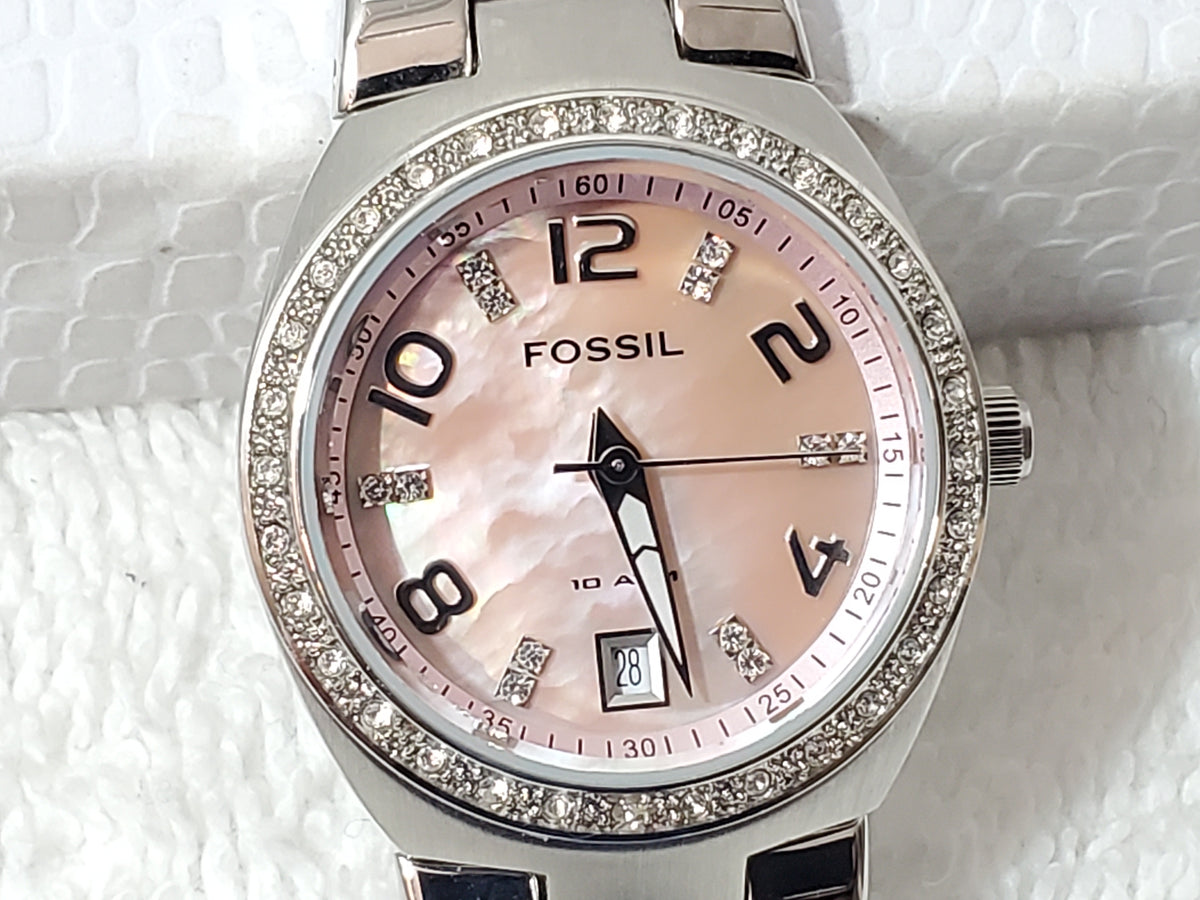 Fossil Ladies Date Mother Pearl Dial Crystals Bezel One Jewel Quartz Watch