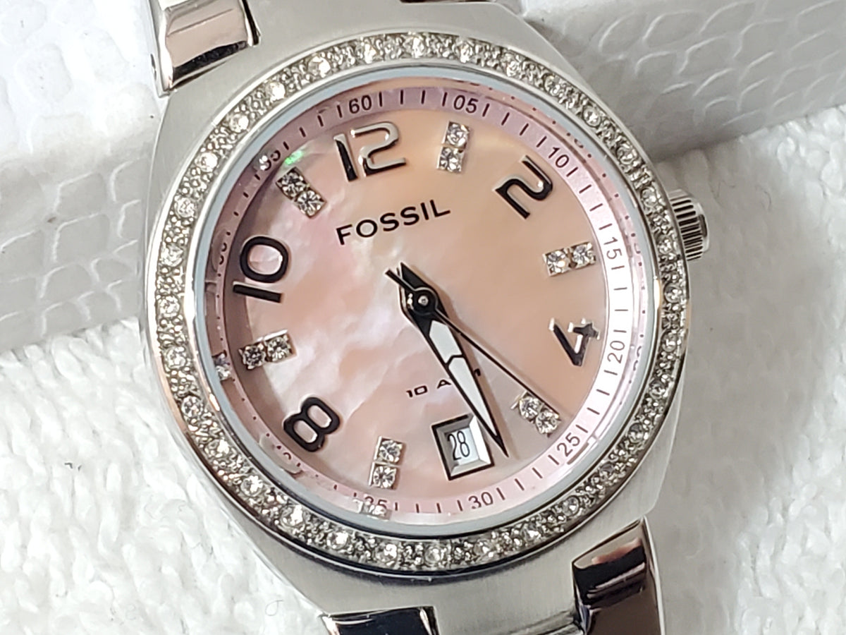 Fossil Ladies Date Mother Pearl Dial Crystals Bezel One Jewel Quartz Watch