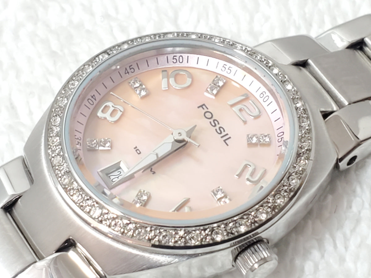 Fossil Ladies Date Mother Pearl Dial Crystals Bezel One Jewel Quartz Watch