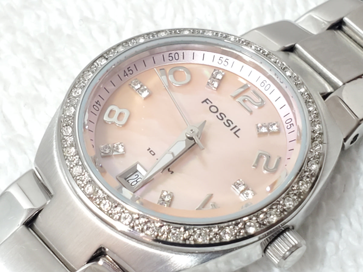 Fossil Ladies Date Mother Pearl Dial Crystals Bezel One Jewel Quartz Watch