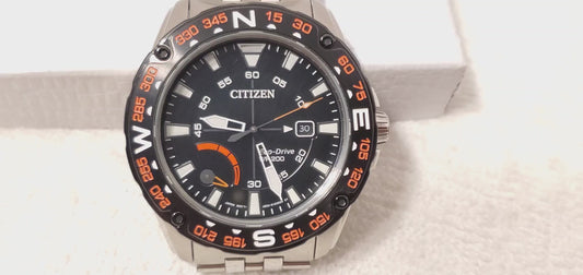 Vintage Citizen Eco Drive Men's Date Black Orange Stainless Steel WR 200 Meters