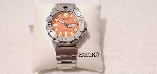 Seiko Monster Orange Dial Automatic Men's Diver Watch Day Date Stainless Steel WR 200 Meters