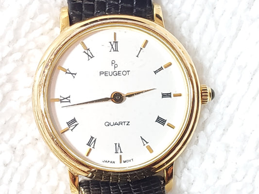 Vintage Peugeot Women's Watch Gold Tone Roman Numeral White Dial Lizard Grain