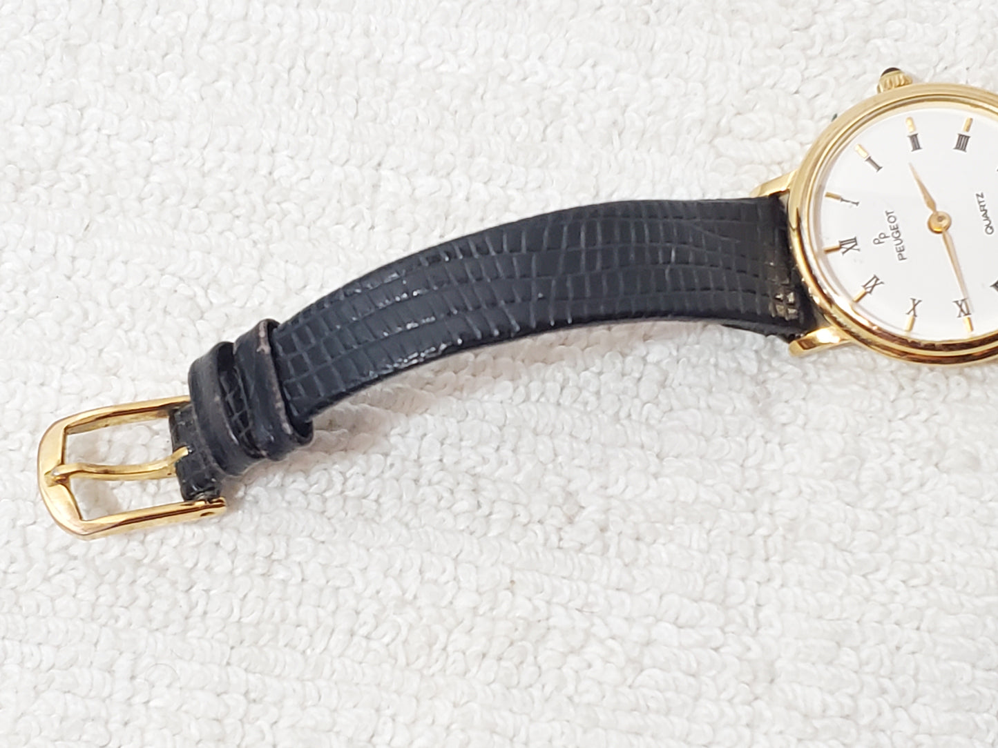 Vintage Peugeot Women's Watch Gold Tone Roman Numeral White Dial Lizard Grain