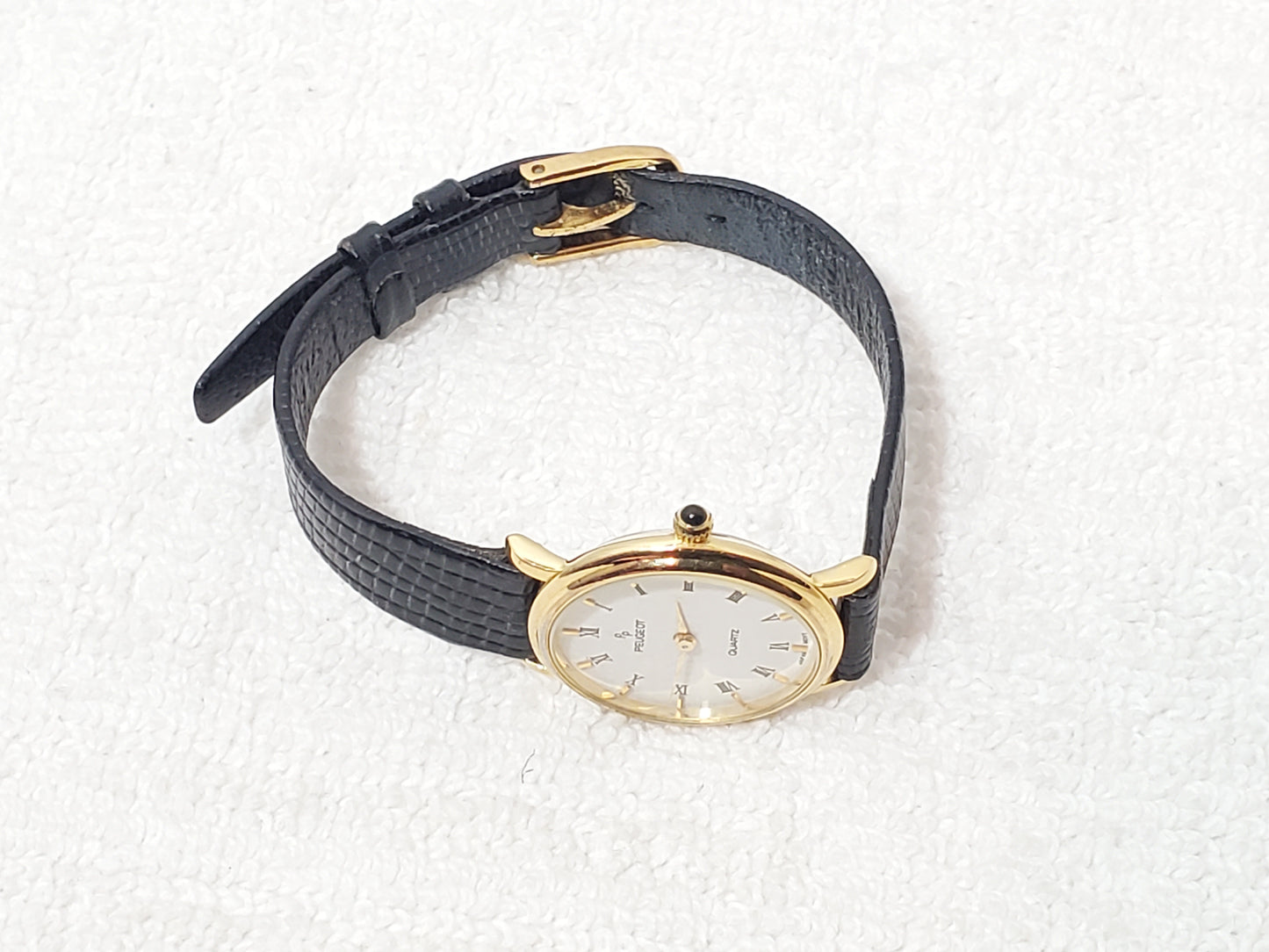 Vintage Peugeot Women's Watch Gold Tone Roman Numeral White Dial Lizard Grain